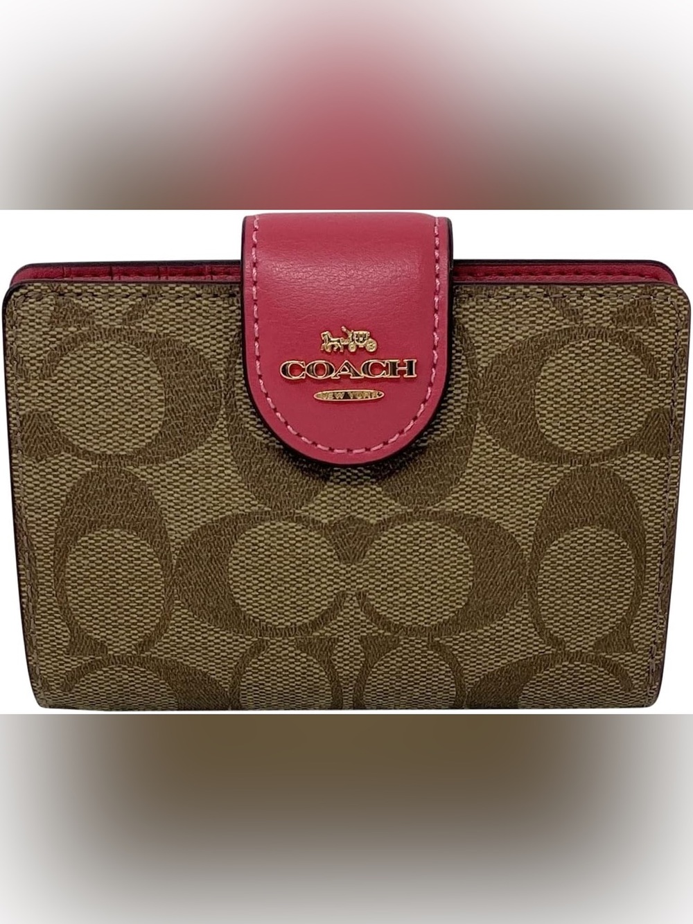 Coach Brown Signature Canvas Wallet with Pink Leather Snap